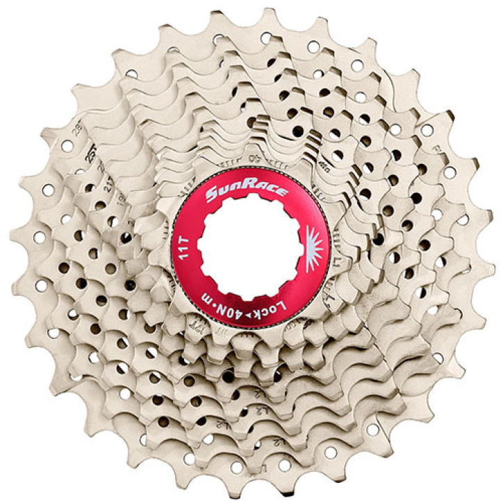 11 fach Kassette Sunrace CS-RX1 Road 11 bis 32 Zähne silber mit roten Lockring